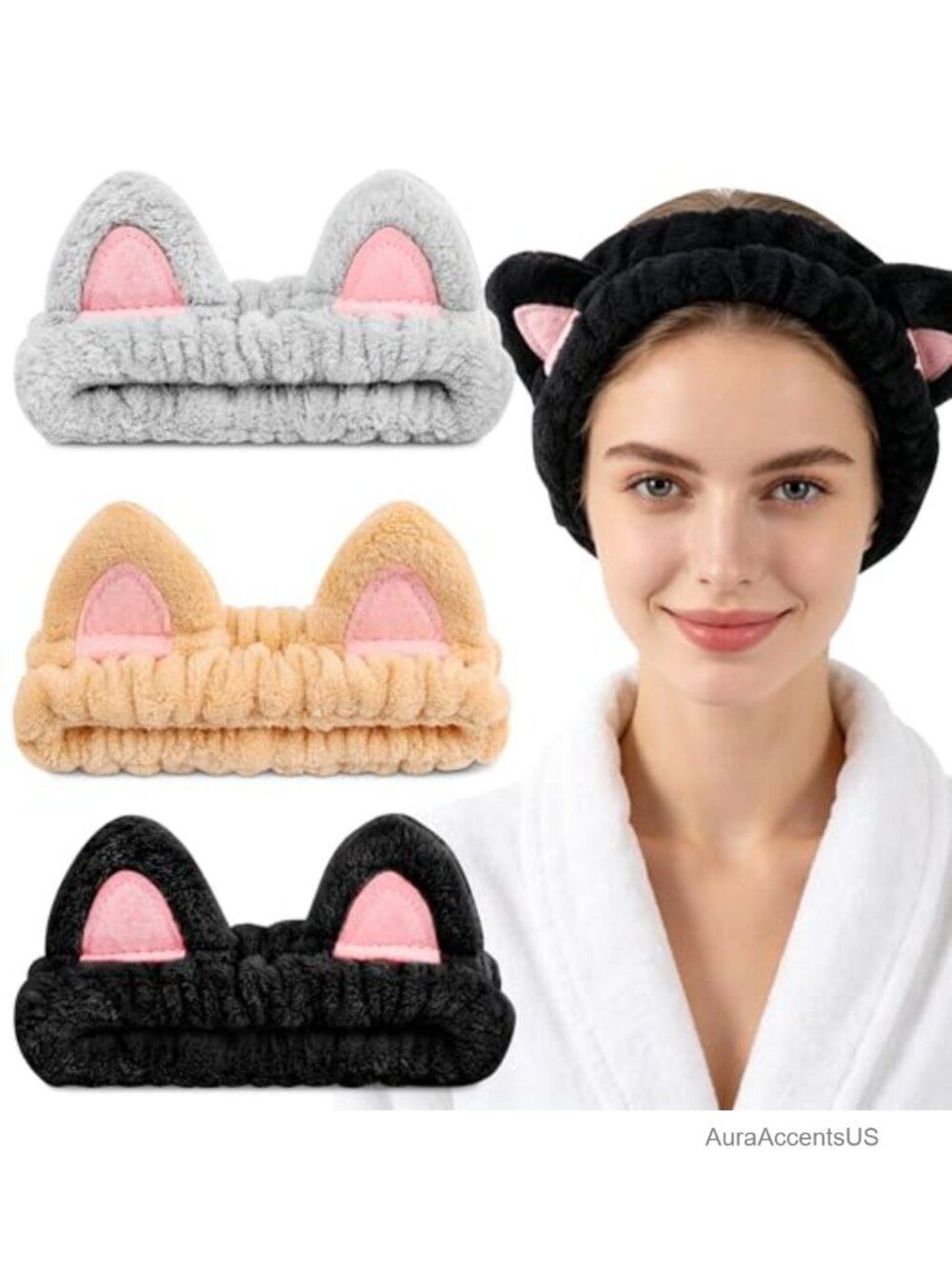 3 Pack Cat Ear Spa Headbands Soft Fleece Hair Accessories for Face Washing